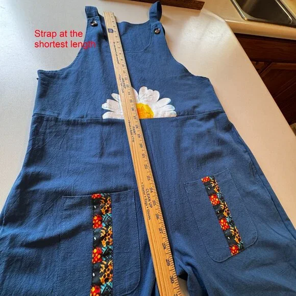 (SOLD) Bib Overall Jumpsuit Teal Daisy Print Baggy Fit Cottagecore Boho Country - Picture 10 of 15